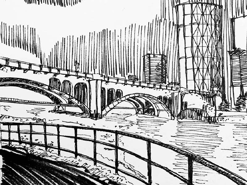 image of sketch of bow river and Calgary skyline by Anil Yadav