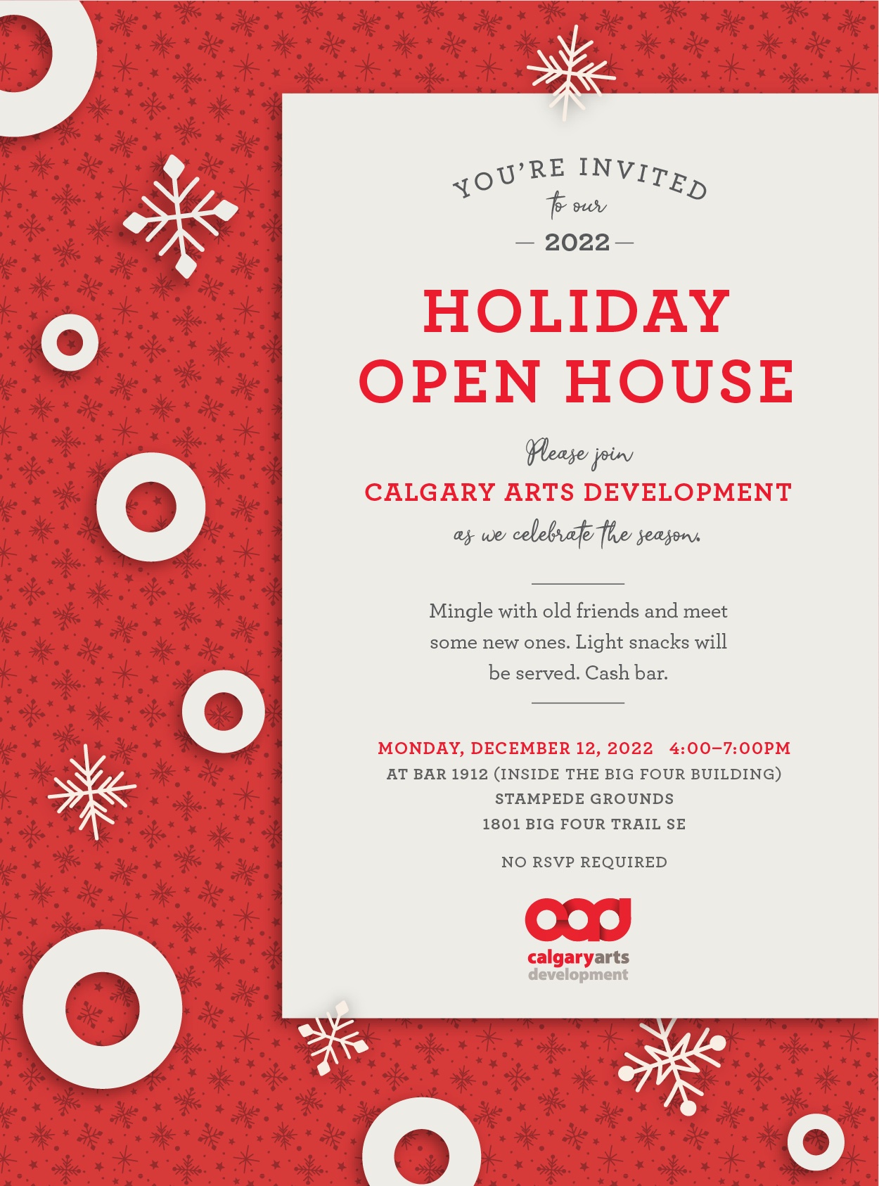 An invitation for Calgary Arts Development's Holiday Open House.