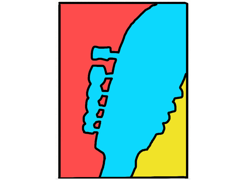 An illustration of the top of a guitar in red, blue and yellow