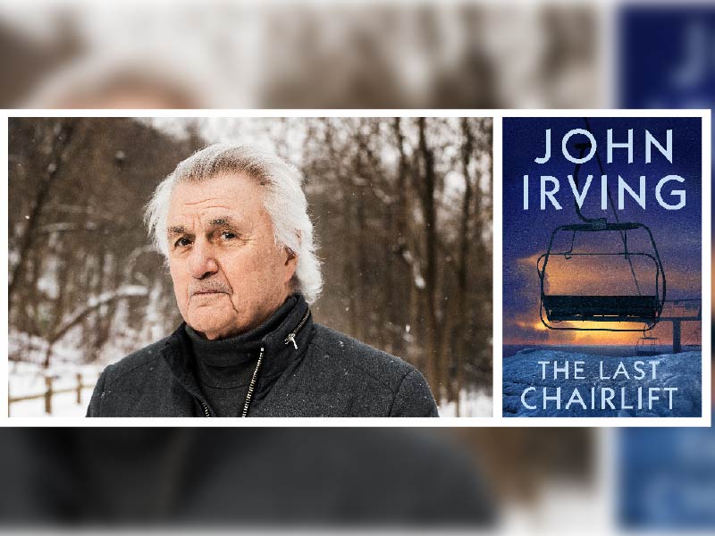 Image of John Irving and cover of his new book