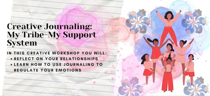 Illustrated graphic to promote this workshop | In this creative workshop you will: Learn how to use journaling to regulate your emotions. | Reflect on your relationships. 