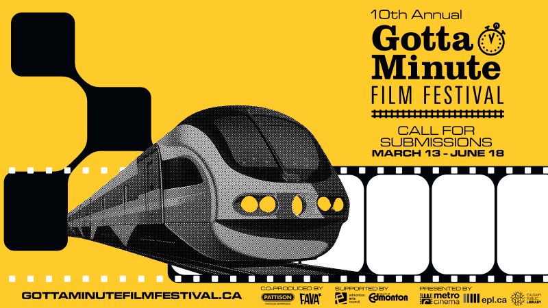 Graphic promo advertising the Gotta Minute Film Festival | 10th Annual | Call for Submissions | March 13 - June 18, 2023 | gottaminutefilmfestival.ca