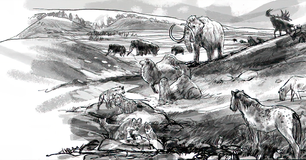 A digital rendition maquette of the mural with a scene with mammoths and other animals of the time.