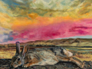 Image of painting of rabbit with landscape in background