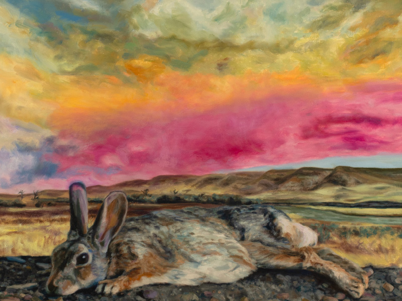 Image of painting of rabbit with landscape in background