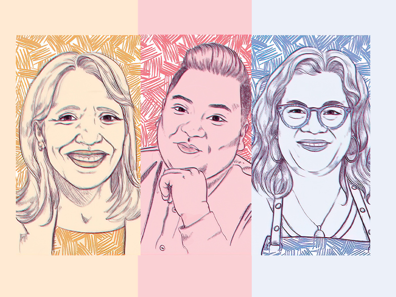 Illustrated portraits of Cindy Ady, Andrew Phung and Nicole Gomes.