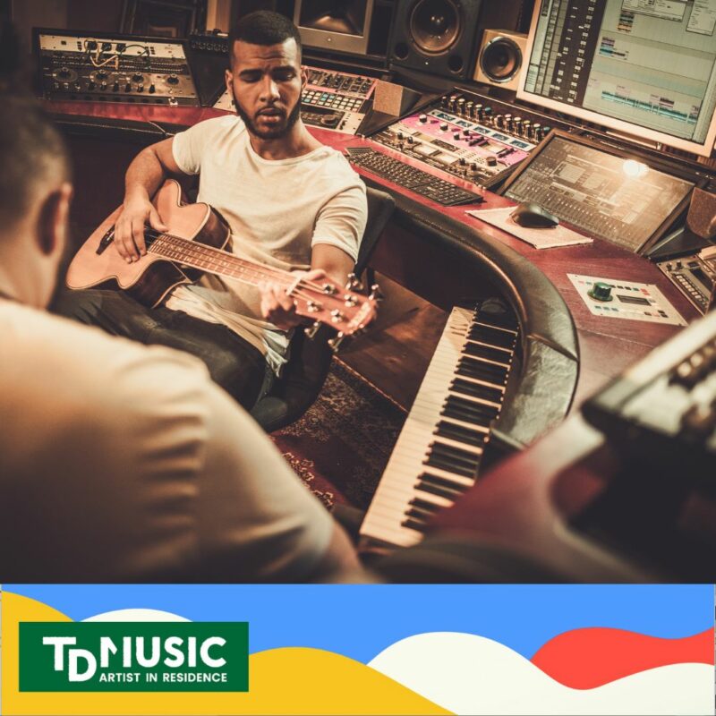 TD Music, Artist in Residence Program promotion with musicians playing instruments in a studio setting