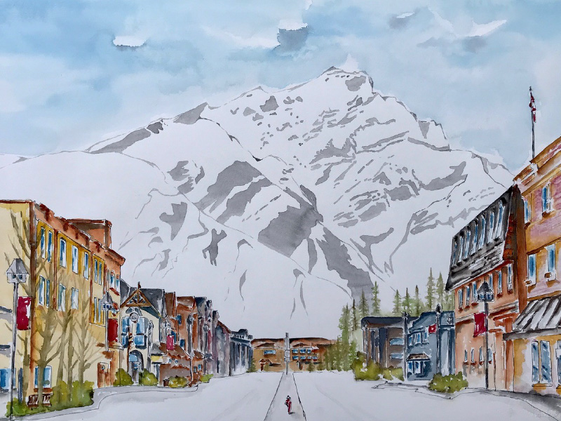 Image of watercolour painting of Banff Avenue by Linnea Martina