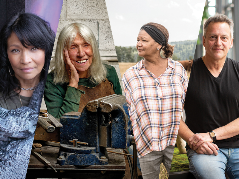 A collage of photos showing the faces of four local artists (from left to right): Michelle Thrush, Katie Ohe, Cheryl Foggo, Jean Grand-Maître.