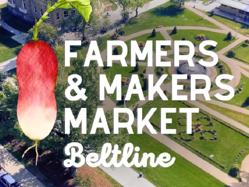 Ariel view of Central Memorial Park with text that reads Farmers & Makers Market Beltline