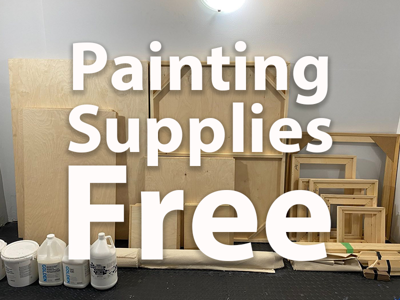 Text imposed over a photograph of painting supplies. Includes birch boards and panels, canvas, paint medium, frames, etc.