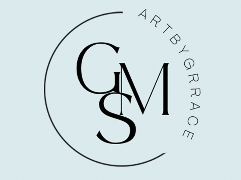 A logo for Art by Grrace with black lettering against a light blue background