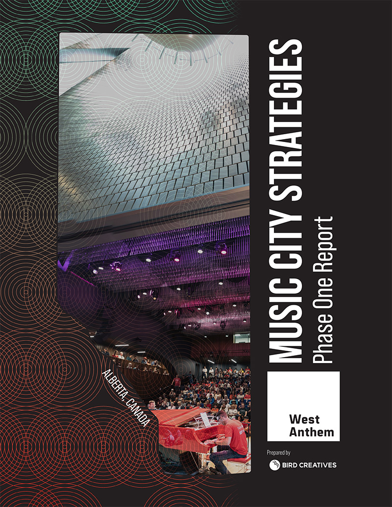 Cover from the PDF of the West Anthem Music City Strategies Phase One Report with West Anthem logo and Bird Creatives logo