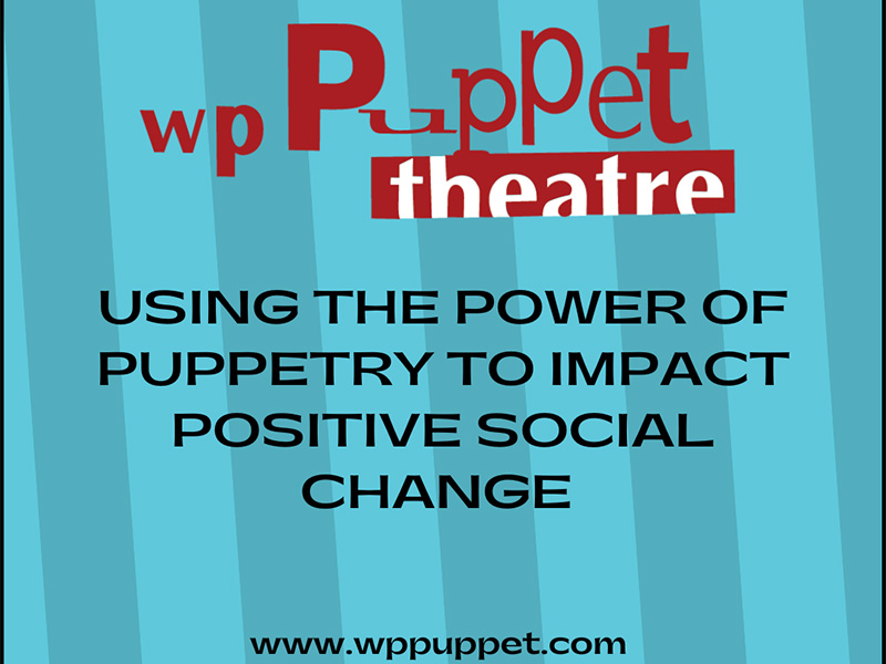 A blue and red logo for WP Puppet Theatre - Using the Power of Puppetry