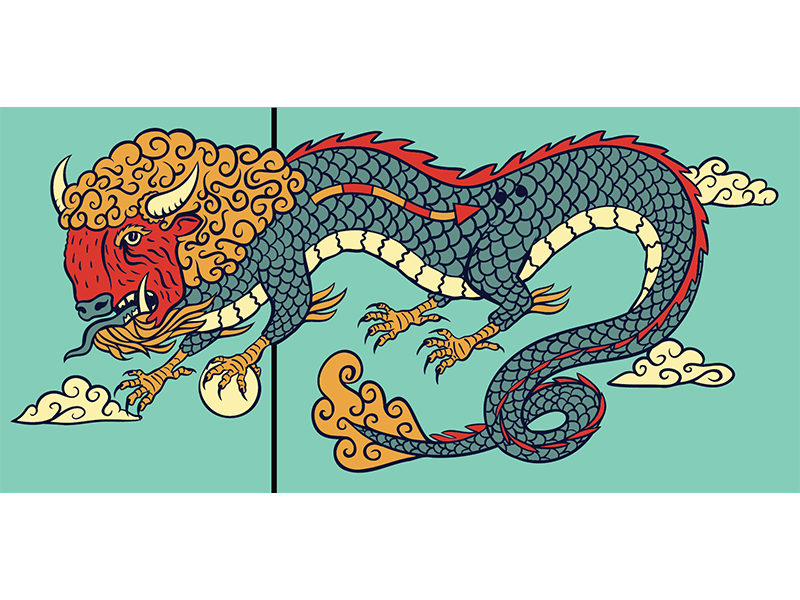 Concept art of a Chinese dragon with the head of a bison.