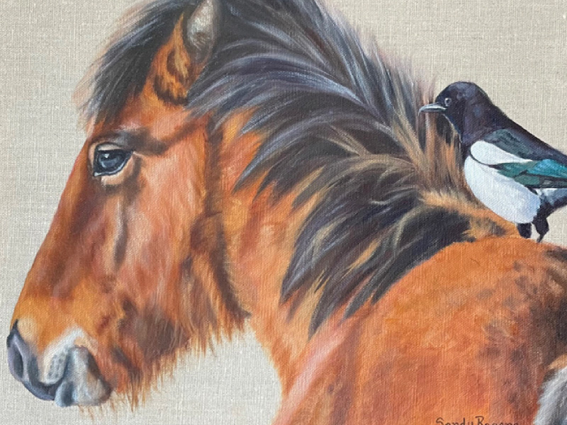 Image of painting of horse with bird perched on its back