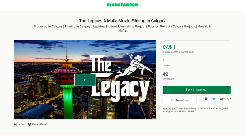 Screen shot of Kickstarter page for The Legacy movie