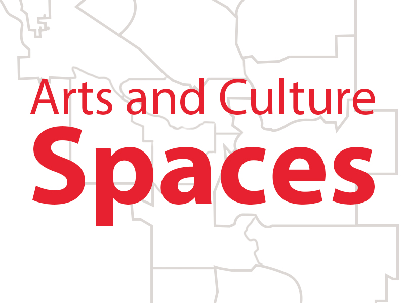Red text on a white background with line drawn map of Calgary. The text says Arts and Culture Spaces.