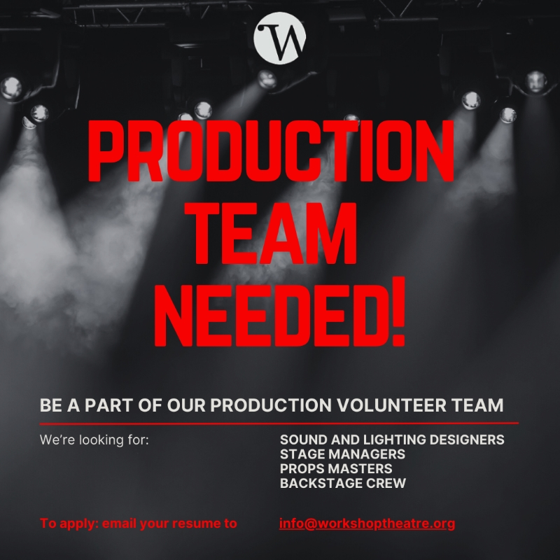 Graphic to call for Volunteers | Production Team Needed! | Be part of our production volunteer team | We're looking for: sound and lighting designers, stage managers, props masters, backstage crew | To apply: email your resume to workshptheatre.org