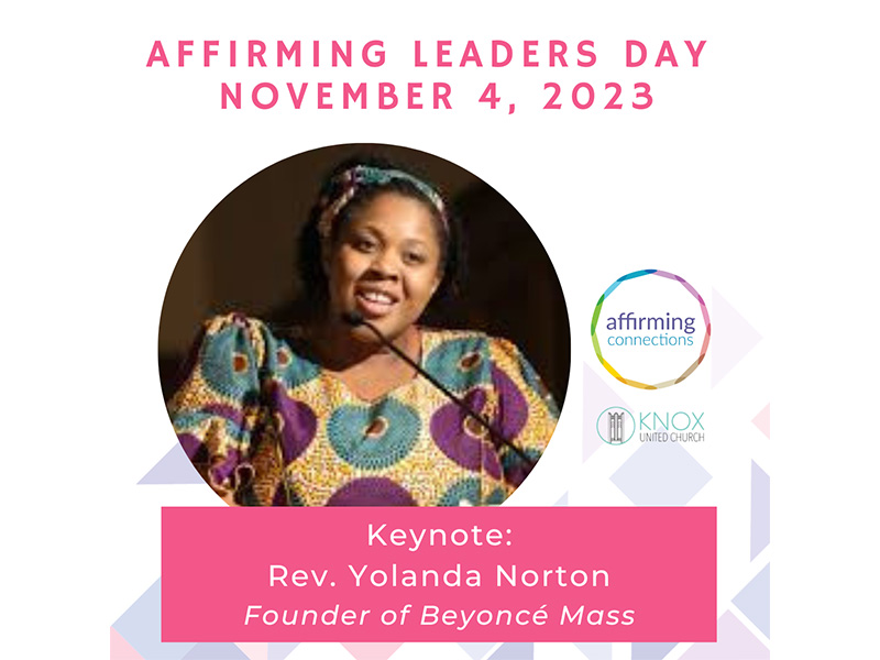 A graphic featuring Rev. Yolanda Norton as keynote speaker for Affirming Leaders Day, Nov. 4, 2023
