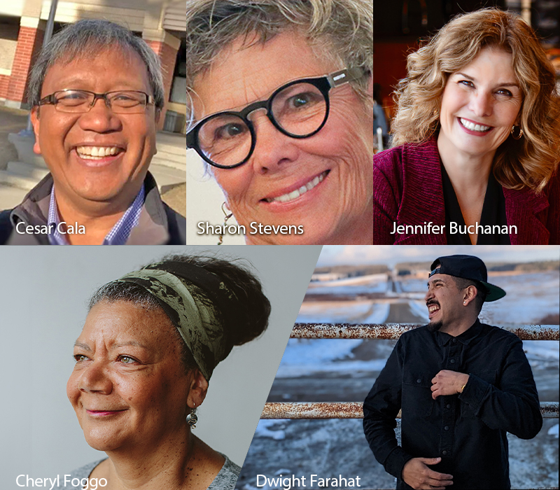 Headshot photos of panelists: Cesar Cala, Sharon Stevens, Jennifer Buchanan, Cheryl Foggo and Dwight Farahat