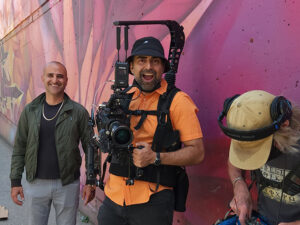 Ramin Eshraghi Yazdi with camera rig on location
