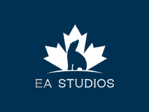 A blue and white logo for EA Studios