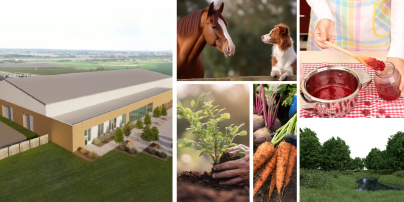 A montage of photographs, clockwise from left: An architectural rendition of the building, a dog looking at a horse, someone making what looks like jam in a pot, freshly pulled carrots, planting a tree.