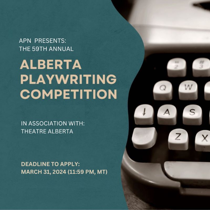 Graphic with a typewriter image to promote the Alberta Playwriting Competition 2024