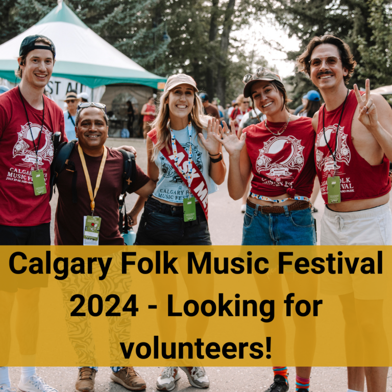 Graphic for Calgary Folk Music Festival volunteer call