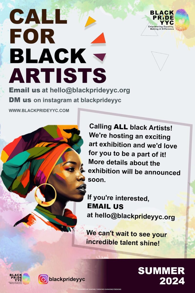 Promo card for a Call for Black Artists at Black Pride YYC