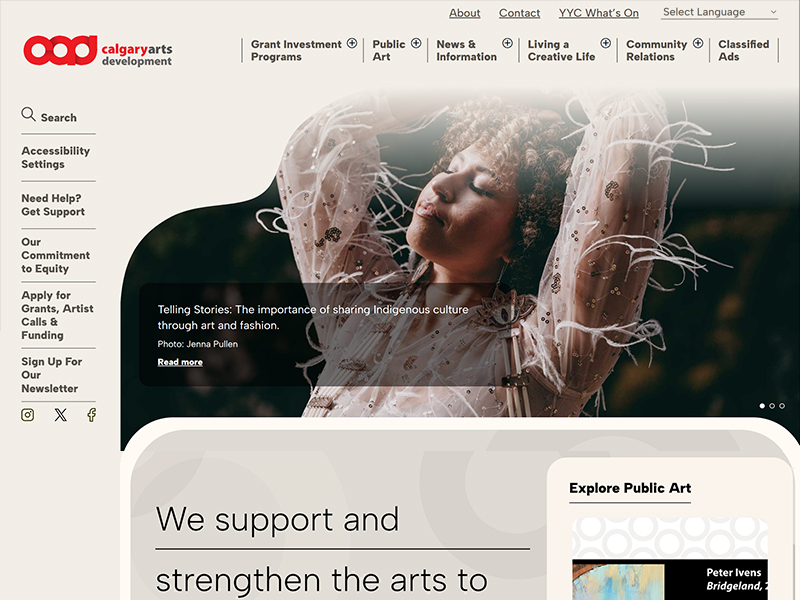 A screenshot of the Calgary Arts Development website home page.