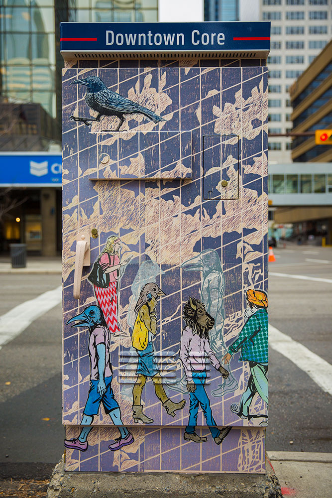 A utility box wrapped with artwork of anthropomorphic animals walking through the space.