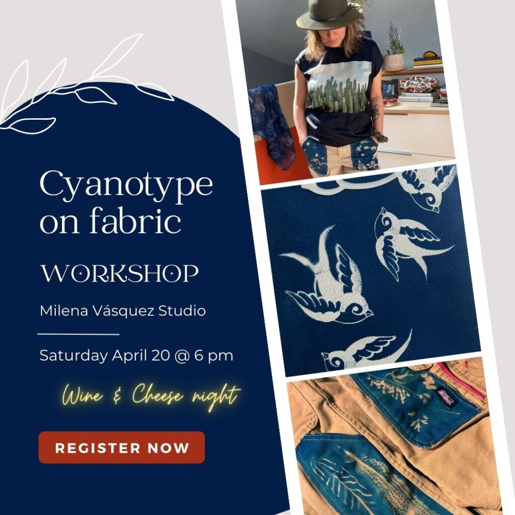Cyanotype on fabric workshop graphic