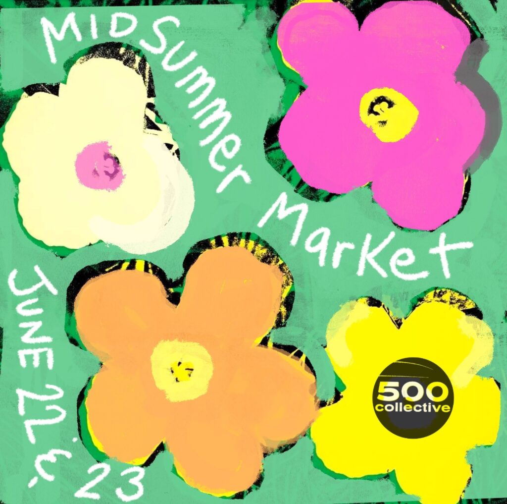 A floral graphic on a green background for the Midsummer vendors call