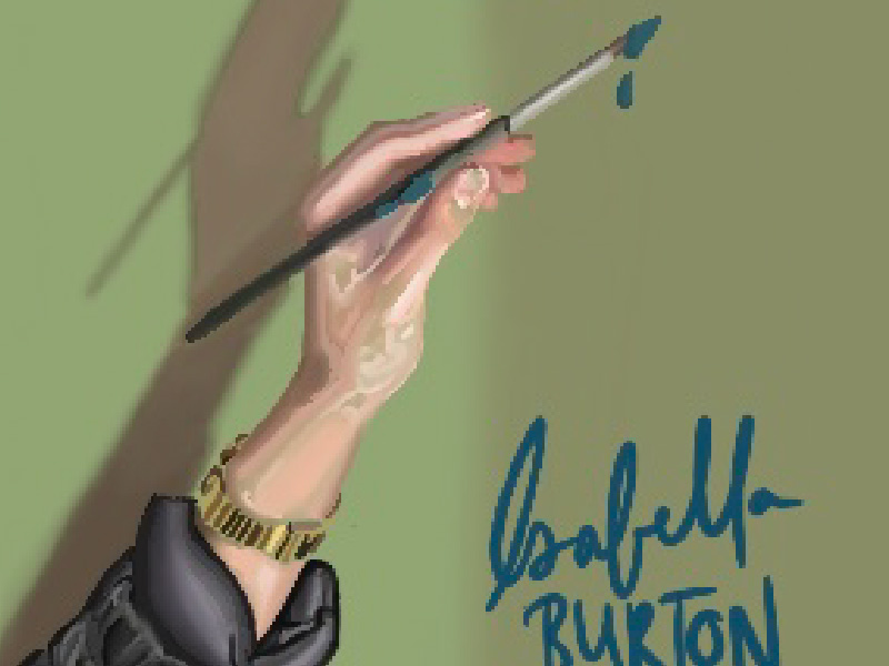 Painting of hand painting on a wall and cursive text that reads "Isabella Burton"