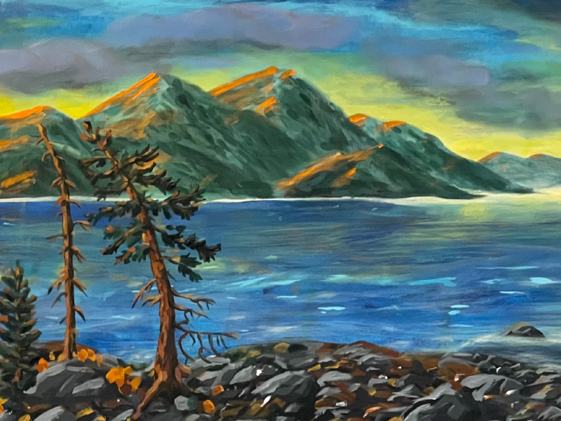 landscape artwork of lake and mountains