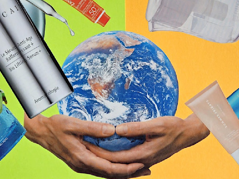 A collage of images including two hands, the Earth, and various consumer products on coloured background