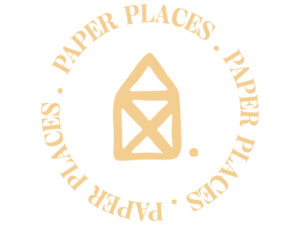 White and yellow logo for Paper Places