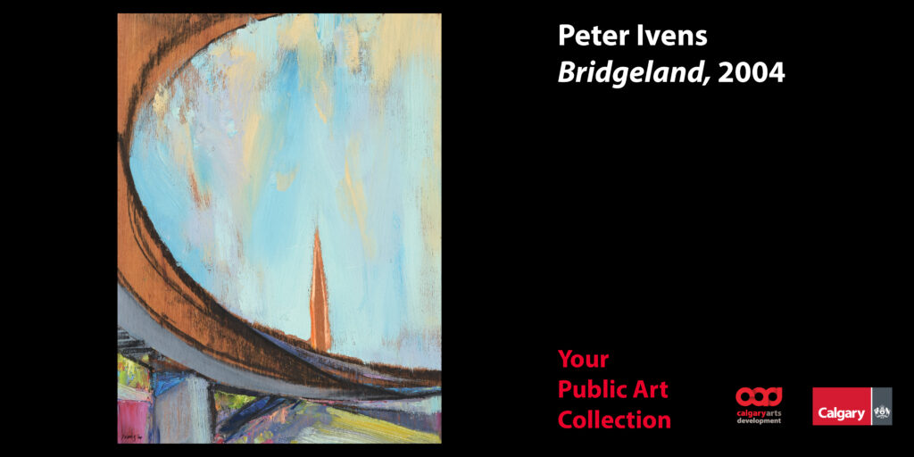 A graphic featuring a painting of Bridgleland, a Calgary community.