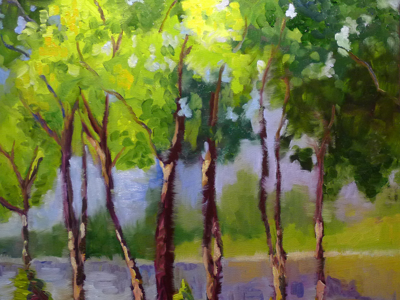 Painting of trees and a lake by Tatianna O'Donnell
