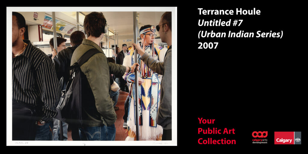 A graphic featuring a photograph of people riding the train. One is wearing traditional Indigenous garb.