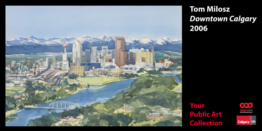 A graphic featuring a painting of downtown Calgary.