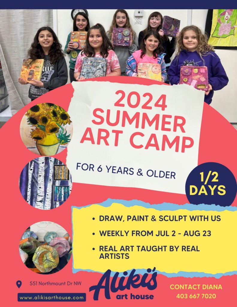 Graphic to promote the Aliki's Art House 2024 Summer Art Camp
Contact Diana on 403.667.7020