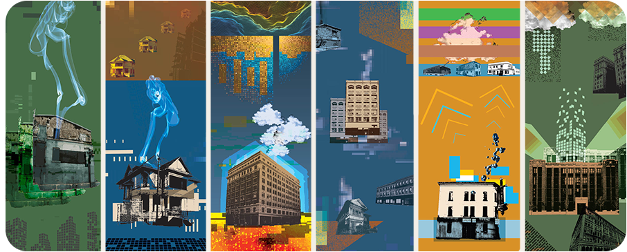 A series of five multi-media images by Slavek Pytraczyk featuring Calgary structures.