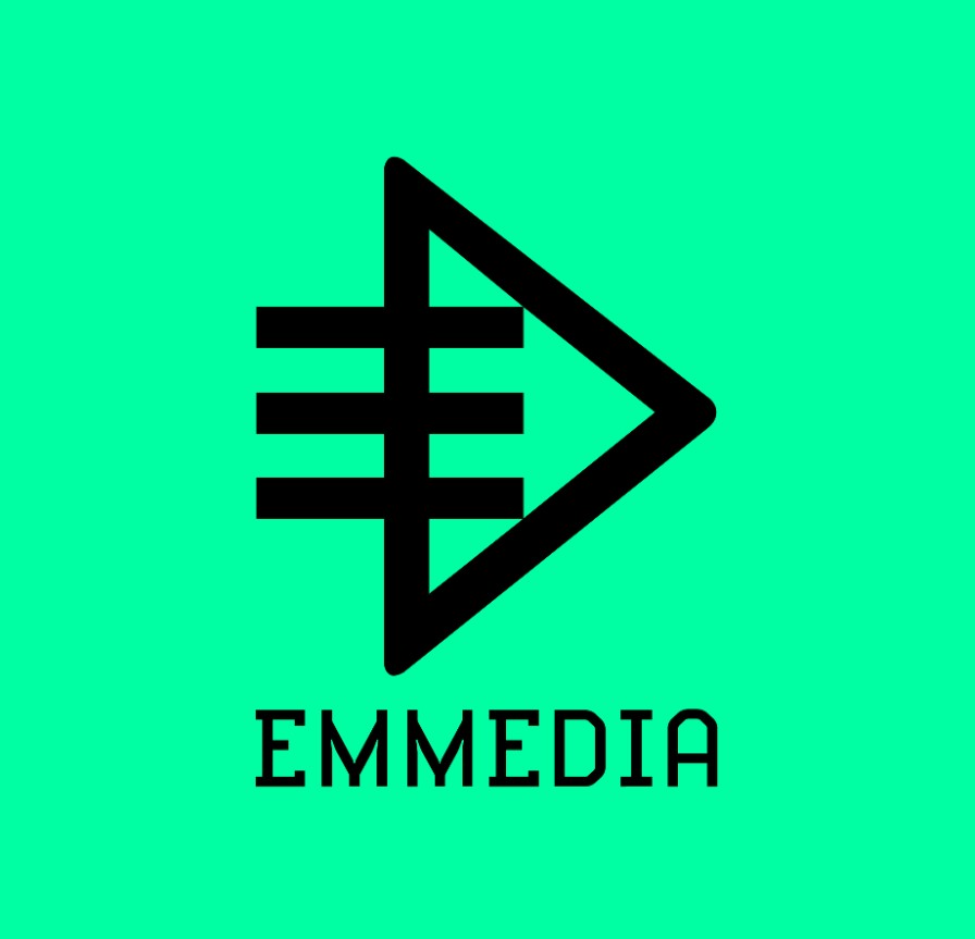 EMMEDIA logo with green background and black image and font