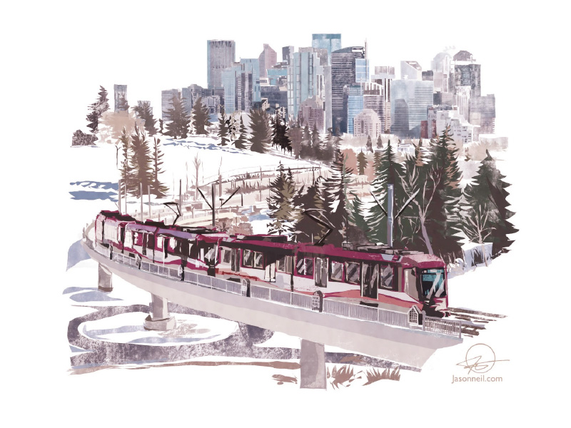 Artwork of ctrain and Calgary skyline in the background