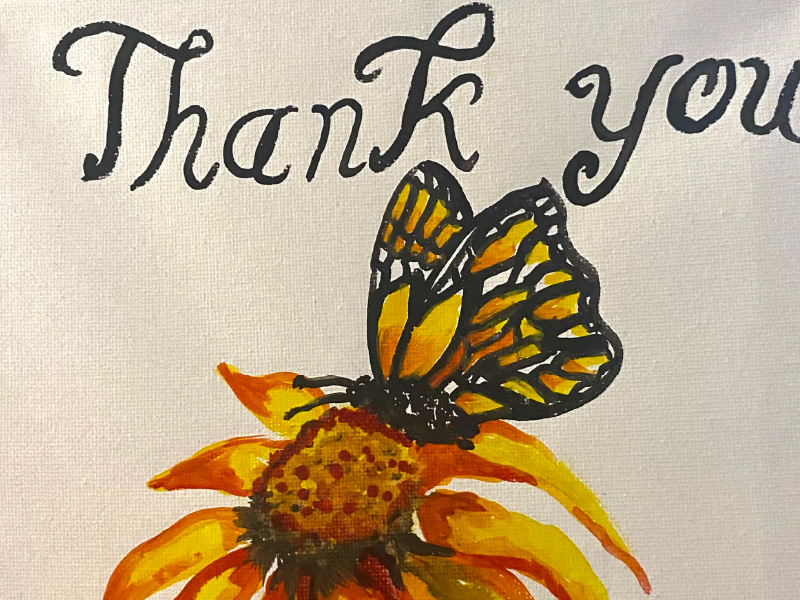 Artwork of butterfly and sunflower and text that reads Thank You