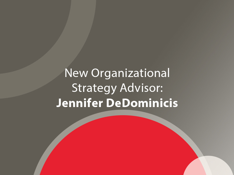 Graphic with branding colours for New Organizational Strategy Advisor Jennifer DeDominicis