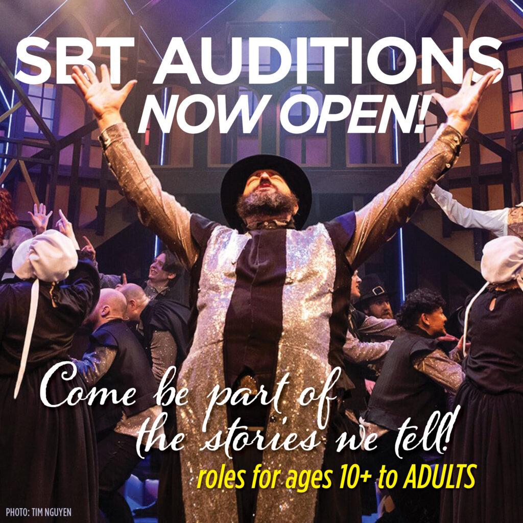 Graphic with performers and copy to promote the StoryBook Theatre audition call for ages 10+